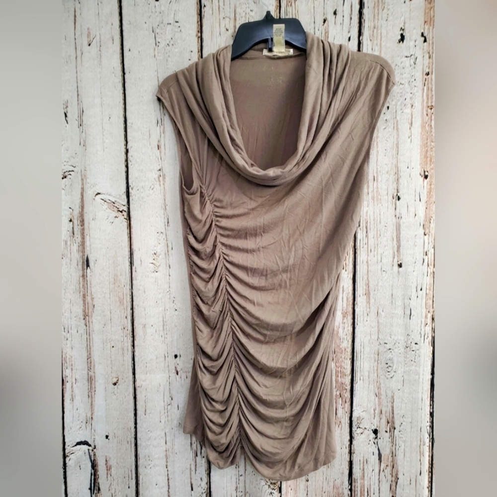 Kenar Women's Medium Tan Sleeveless‎ Ruched Side Cowl Neck Jersey Dress EUC